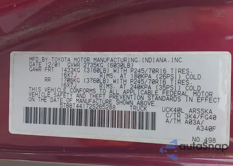 2002 Toyota Tundra Sr5 V8 из США, поврежденный, VIN 5TBBT44172S265288